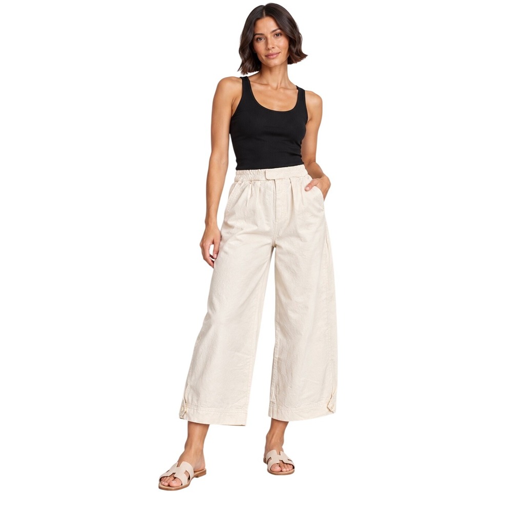 Free People Cream Cotton Wide Leg Pants Size L Utility Coastal Fall Layering
